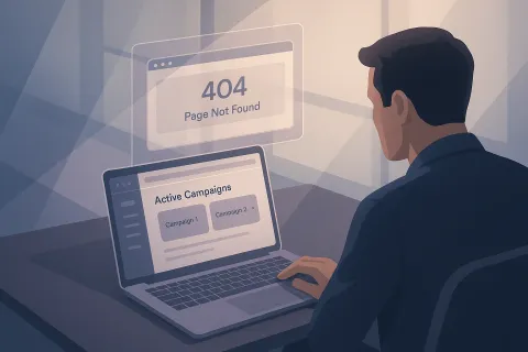 Ilustracion del articulo sobre El día que quemaste 3.000€ en publicidad para enviar clientes a una página que no existía. 

Idea: Campañas activas apuntando a URLs 404.

Dolor: La sensación de estar pagando por atraer clientes y expulsarlos nada más llegar.
